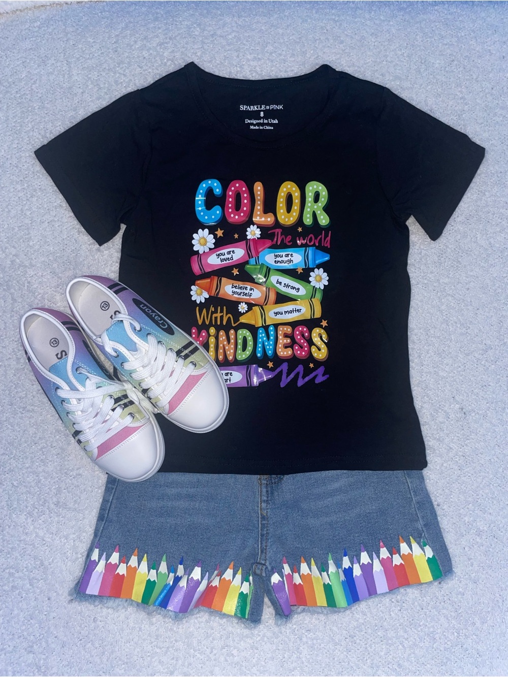 NWOT Sparkle In Pink Girls Crayon Outfit Set Size 8 W/ Matching Shoes 13